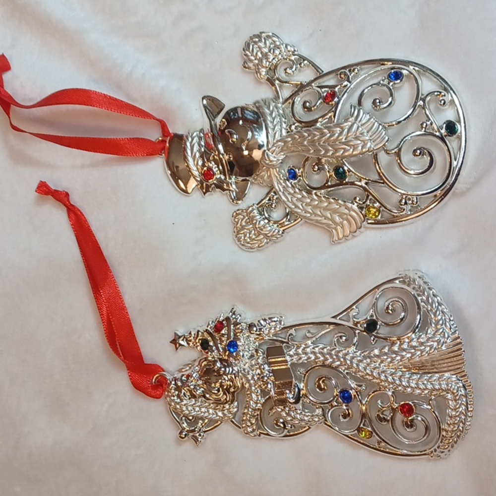 Lenox Silver /W Jewels Santa & MrSnowman Holiday Ornaments  Set 2  Of 2 New